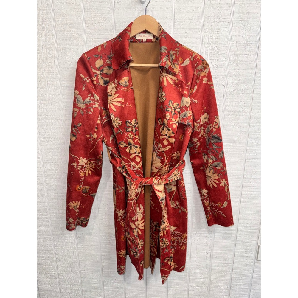Solitaire Floral Trench Coat Women Red Faux Suede Belted Jacket Size M